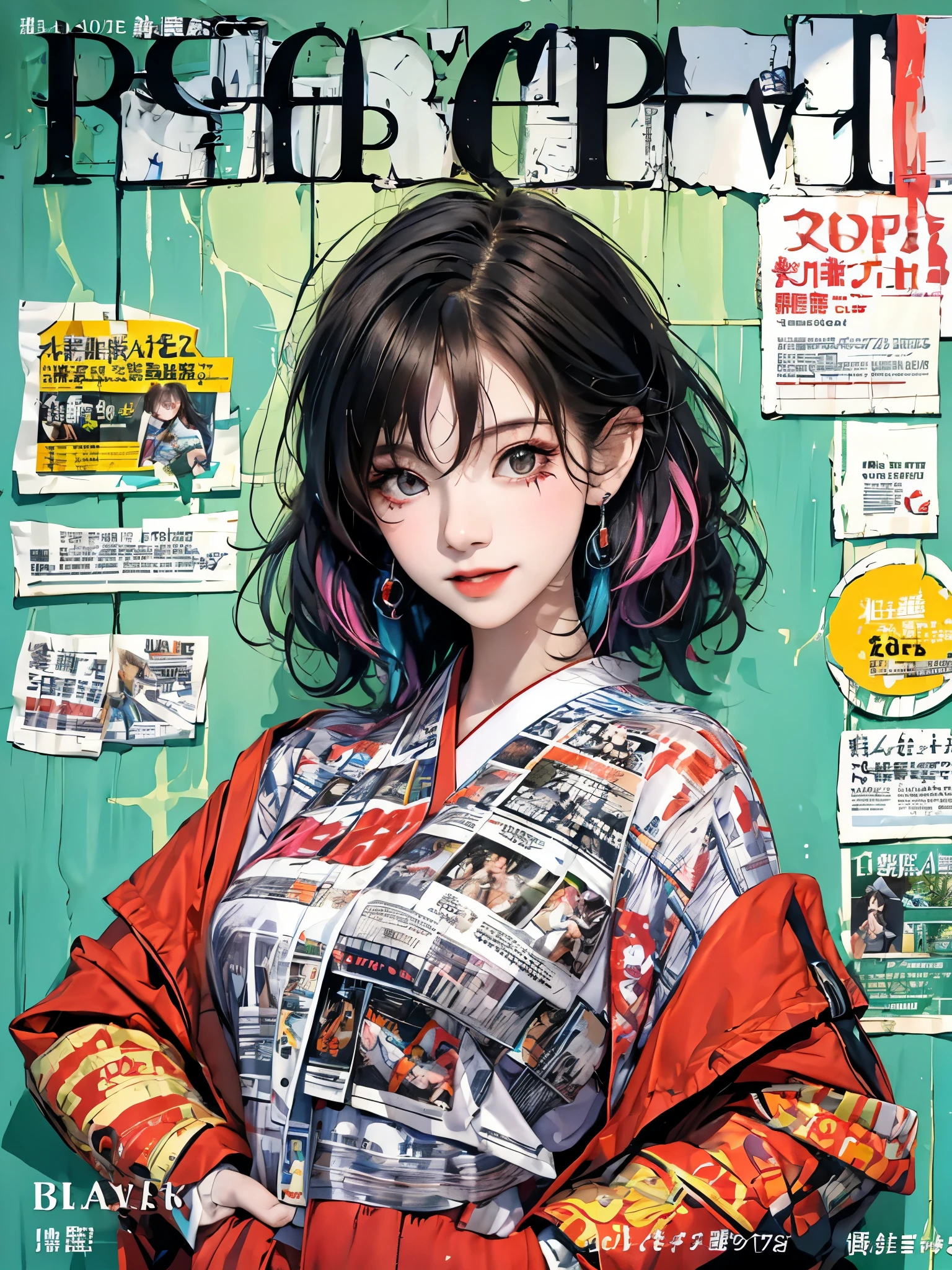 A japanese cute girl idol, with black straight messy hair masterpiece, best quality, joker outfit, colorful neon hair, joker makeup,outdoor, magazine cover ,upper body,