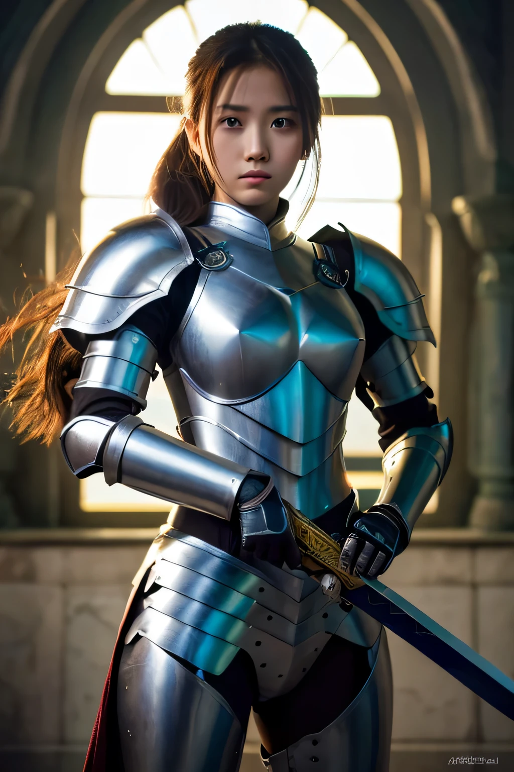 best quality, masterpiece, highres, 1girl, knight armor, holding a long sword ready to go to war
