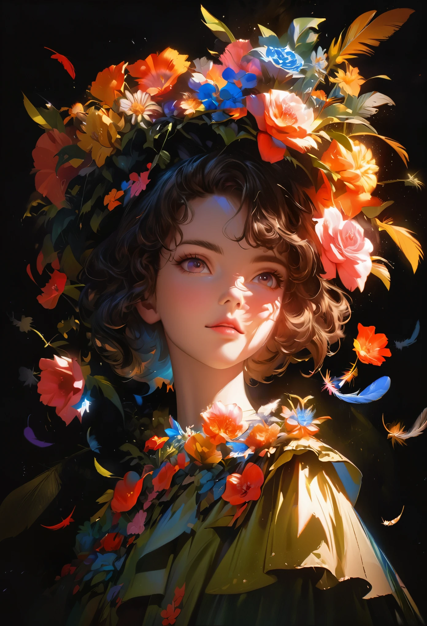 illustration，painting，acrylic painting，victorian art style，genius girl，Beautiful dress made of flowers，full body portrait，Focus on falling feathers，spotlight effect，rim light，Glowing special effects，Colorful and bright，high saturation，high contrast，black background，Super fine，Super realistic，Real light and shadow contrast，Realistic ray tracing，True light falloff，True light reflection，anti-aesthetic style，Poodlepunk，Snapshot aesthetic style ，  --q 2  --s 980   --ar 9:16 --niji 6