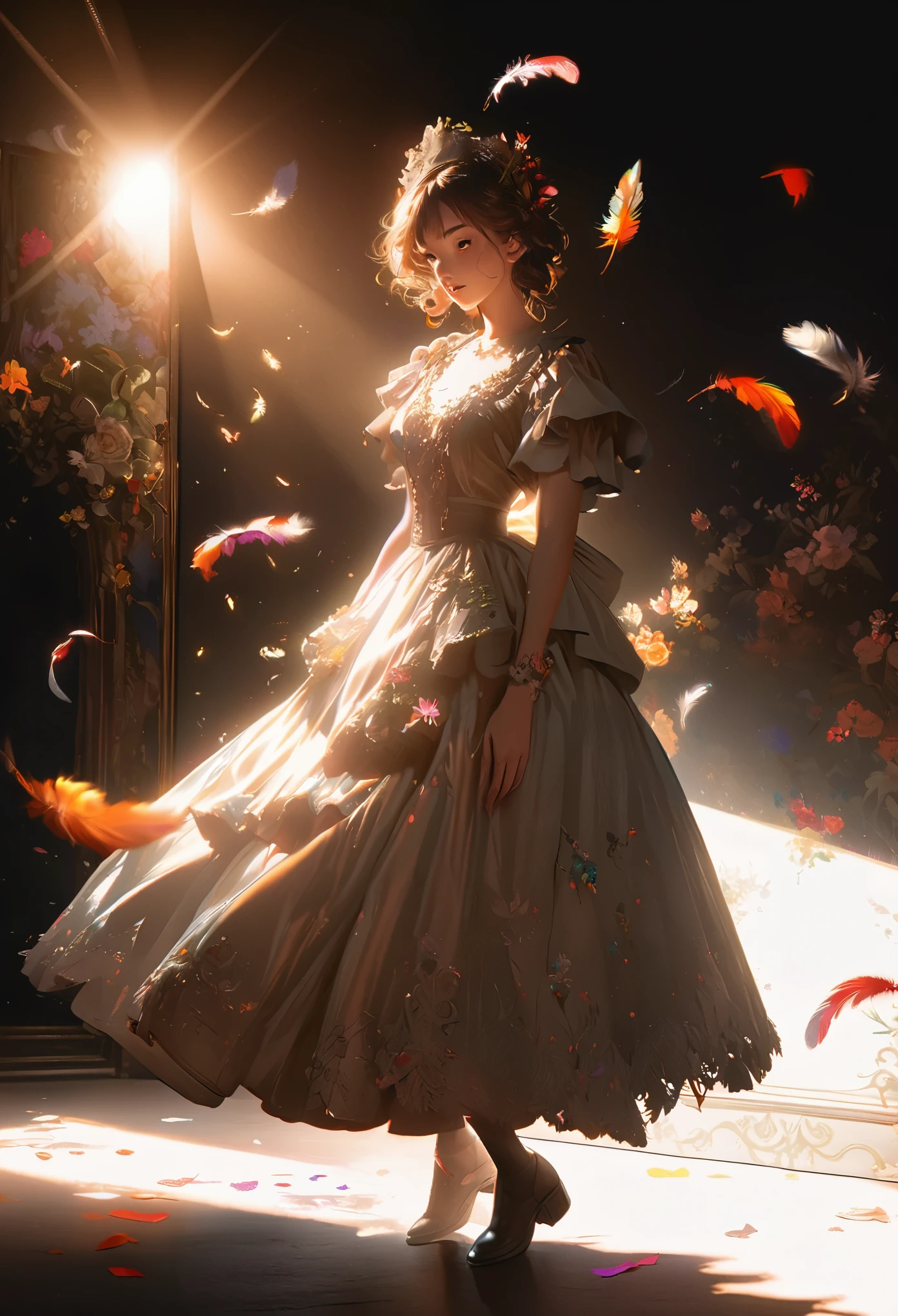 illustration，painting，acrylic painting，victorian art style，genius girl，Beautiful dress made of flowers，full body portrait，Focus on falling feathers，spotlight effect，rim light，Glowing special effects，Colorful and bright，high saturation，high contrast，black background，Super fine，Super realistic，Real light and shadow contrast，Realistic ray tracing，True light falloff，True light reflection，anti-aesthetic style，Poodlepunk，Snapshot aesthetic style ，  --q 2  --s 980   --ar 9:16 --niji 6