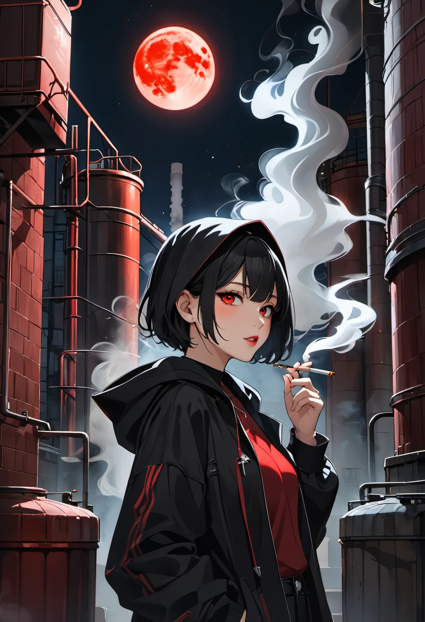 Chica anime fumando un cigarrillo en una ciudad por la noche. - SeaArt AI