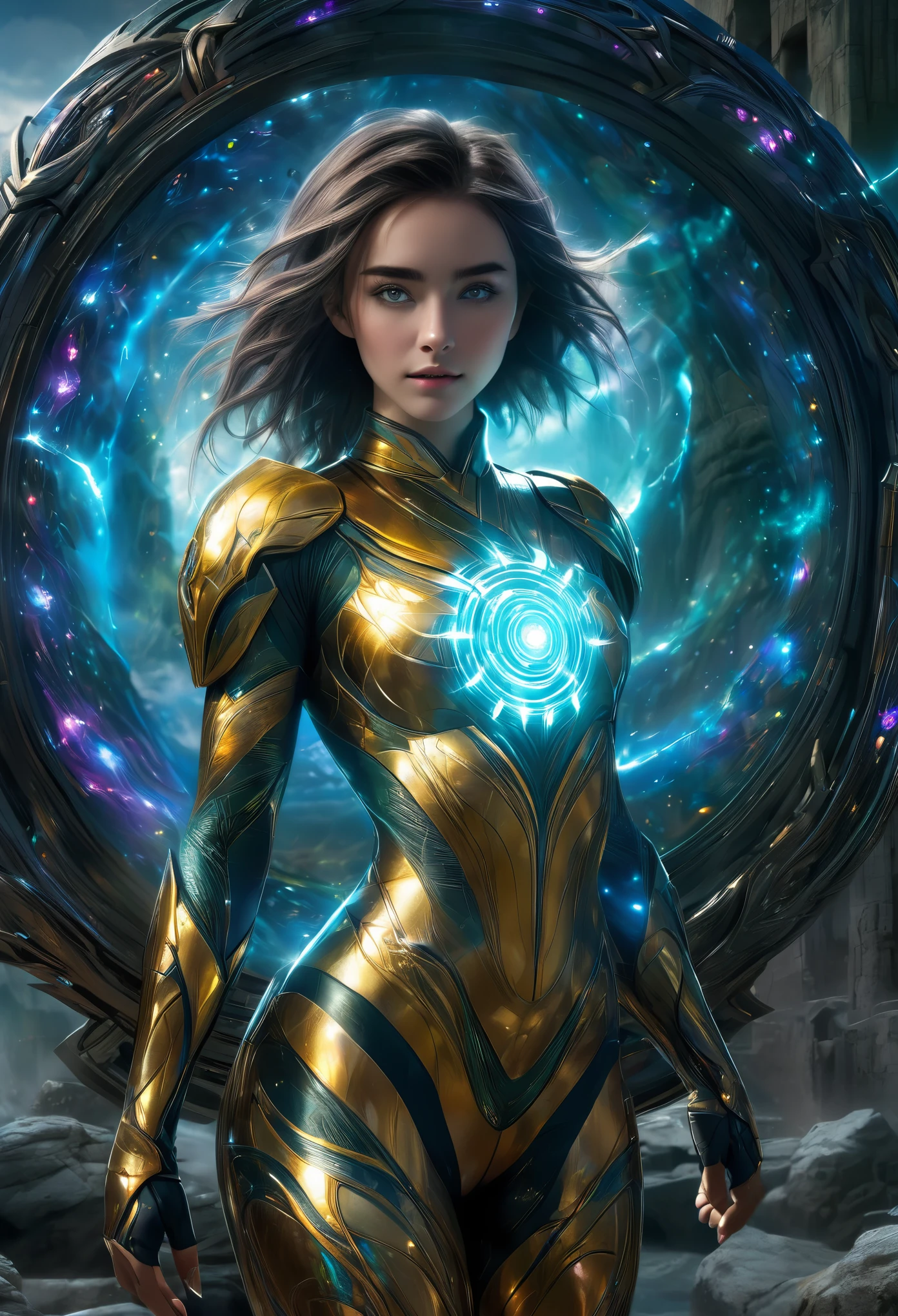 (1 beautiful teenage Italian-Japanese girl),(wears iridescent bodysuit with beautiful fractal or marble design:1.5),(She wears gauntlets with a detailed and very beautiful design decorated with jewels:1.6), dynamic posing, ((She is showing her armpits:1.6)), incredibly spectacular scene, ((high quality)), ((fantasy)), blue plasma brain, green plasma body, obscene, average, (despicable:1.2), (immoral:1.2), (Small breasts with beautifully raised pink areolas:1.5), (expression of ecstasy:1.2), hyper realistic photo, official art, Unity 8K Wallpaper, 8K portrait, high quality, very high resolution, (incredibly beautiful nature background:1.6), (1:1.5), (sexy and glamorous:1.1), (coquettish expression:1.6), (smile seductively:1.6), (erotic pose:1.9), (model pose:1.8), beautiful seductive face, portrait, (thick eyebrows:1.4), Beautiful eyes with high bilateral symmetry, (highly detailed eyes:1.4),(highly detailed face and eyes:1.7), (High resolution yellow greeneyes:1.8),  (Super detailed skin texture:1.4), super detailed pale skin, perfect anatomy, thin, (Beautiful muscular toned body:1.6), highly detailed platinum hair,  (moist skin:1.2), no makeup, (Bear:1.1), excellent anatomy, Focus plane, good looking, (Emilia clarke:0.1) (Emma watson:0.3),(Jennifer connelly:0.24),  (A delicately crafted necklace is wrapped around her neck), (Bioluminescence with a brilliant glow:1.4), (Shining magic circle:1.5), ruins of an ancient castle, Shining majestic clouds and sky, lightning, spectacular realistic, (Greg latkowski:0.8), (teal and orange:0.4), (art station:1.5), cinematic, (NSFW:1.6), dramatic light, (intricate details:1.1), Focus on fully armored body