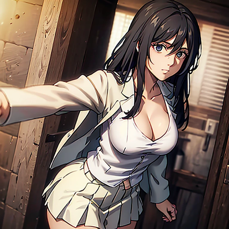 masterpiece, best quality, 1girl,long hair,jacket,open jacket,white tanktop,cleavage,white skirt, , ,big breasts,confident,standing,looking at viewer,good hands,better hands