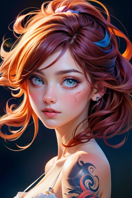 (8k, best quality, masterpiece:1.2),(best quality:1.0), (ultra highres:1.0), watercolor, a beautiful woman, shoulder, hair ribbons, by agnes cecile, half body portrait, extremely luminous bright design, pastel colors, (ink:1.3), autumn lights