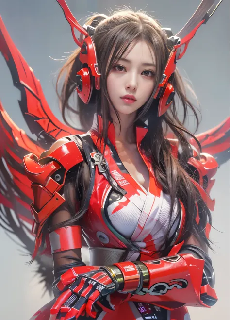 girl 1、highest quality、master piece、超a high resolution、arad woman in futuristic suit with red mechanical wings and sword, beauti...