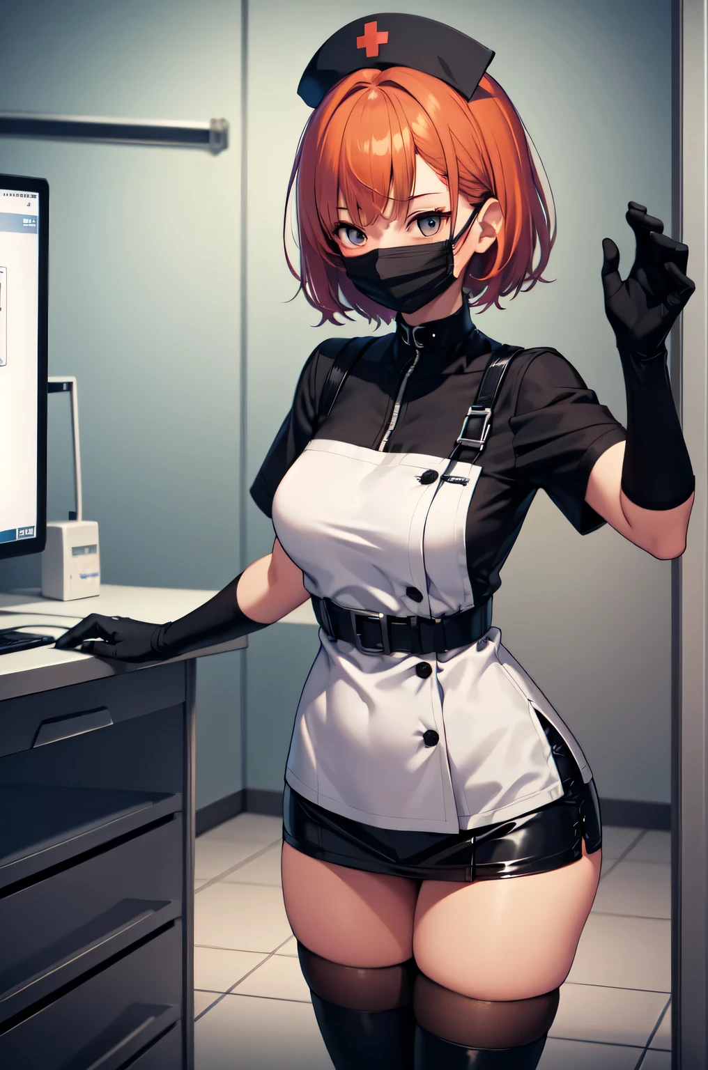 black nurse, 1girl, solo, black nurse cap, black nurse uniform, ((black legwear, zettai ryouiki)), black elbow gloves, very short hair, orange hair, ((black surgical mask, covered nose)), standing, ((surgery room)), sharp outline, short sleeves, tomboy, boyish, best quality, masterpiece