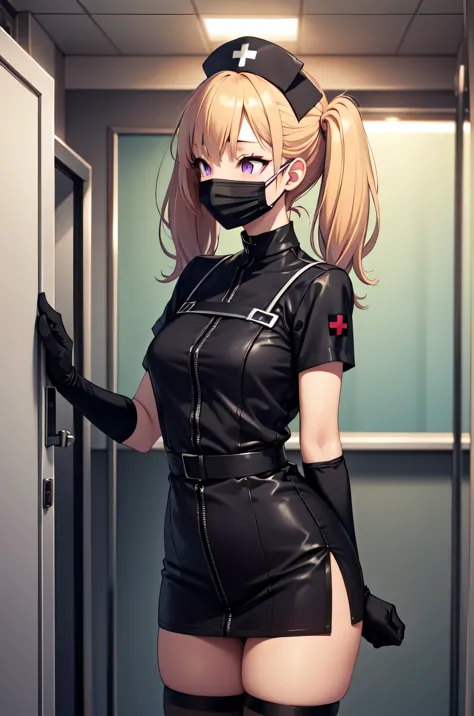 black nurse, 1girl, solo, black nurse cap, black nurse uniform, ((black legwear, zettai ryouiki)), black elbow gloves, twintails...