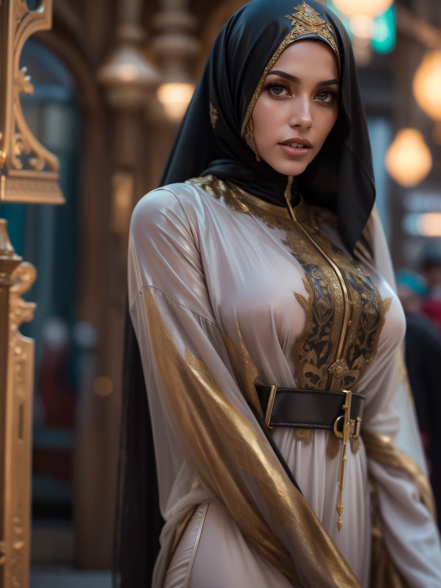 gorgeous woman, professional, (4k photo) by (Jeremy Lipking:0.3), (Dittmann Anna:0.3), (Arian Mark:0.3), (Sharp focus:1.3), (beautiful woman:1.3), wearing (leather hijab, leather abaya with intricate gold details:1.2), perfect make-up, striking, mesmerizing eyes, beautiful detailed face, standing in an arabian medieval marketplace