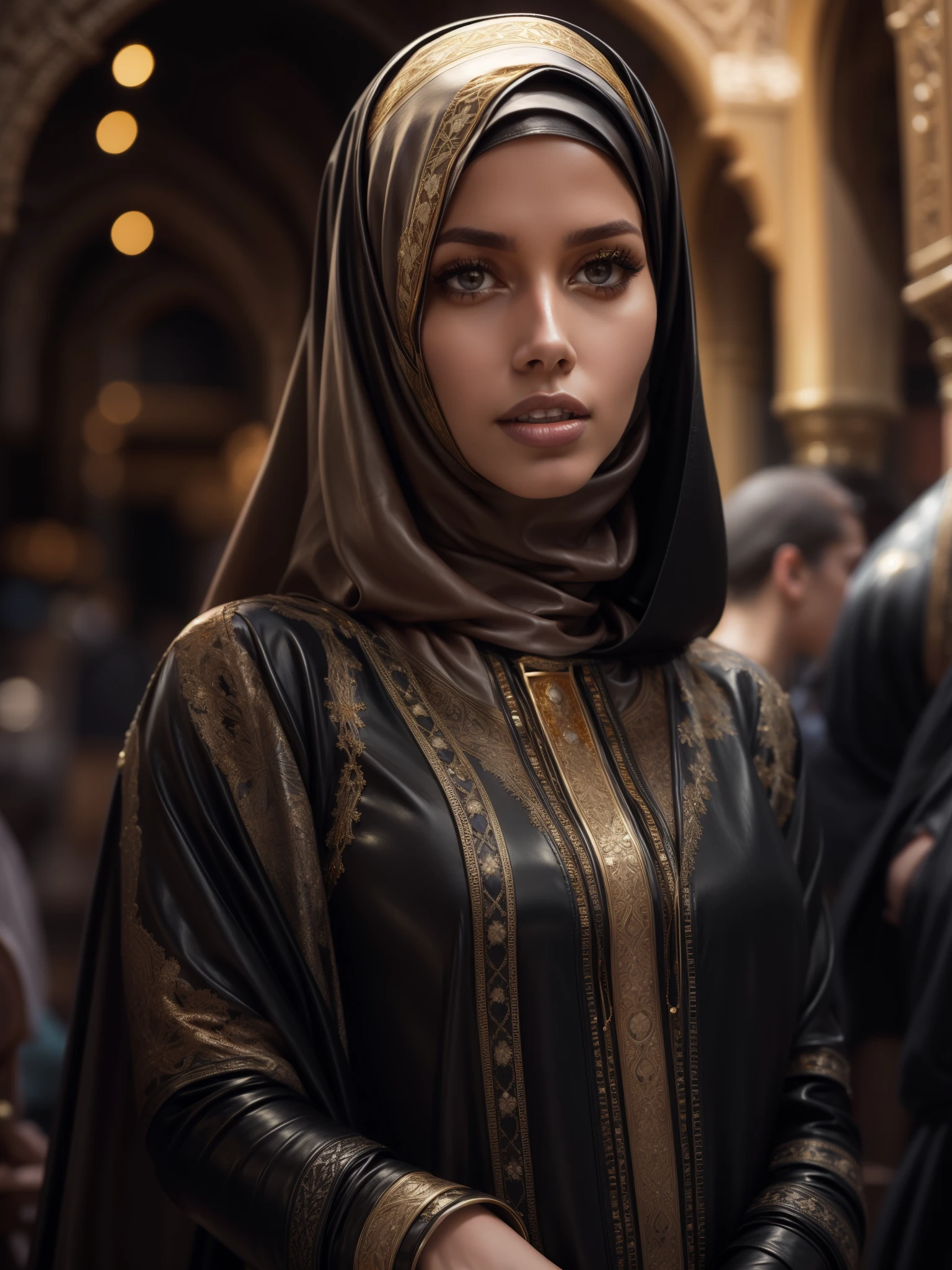 gorgeous woman, professional, (4k photo) by (Jeremy Lipking:0.3), (Dittmann Anna:0.3), (Arian Mark:0.3), (Sharp focus:1.3), (beautiful woman:1.3), wearing (leather hijab, leather abaya with intricate gold details:1.2), perfect make-up, striking, mesmerizing eyes, beautiful detailed face, standing in an arabian medieval marketplace