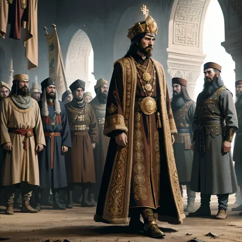 The illustration vividly brings to life the unique blend of Turkic traditions and Byzantine royal styles within a kingdom. From ...