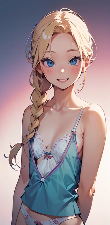 Realistic、1house wife、blonde hair、braid、blue eyes、(eye focus:1.3,face focus,upper body),(gradient eyes:1.3),(camisole　sexy　panties
)、(happy smile:1.3),single braid,cute face、teeth、(tareme:1.3),(small breasts:1.3),