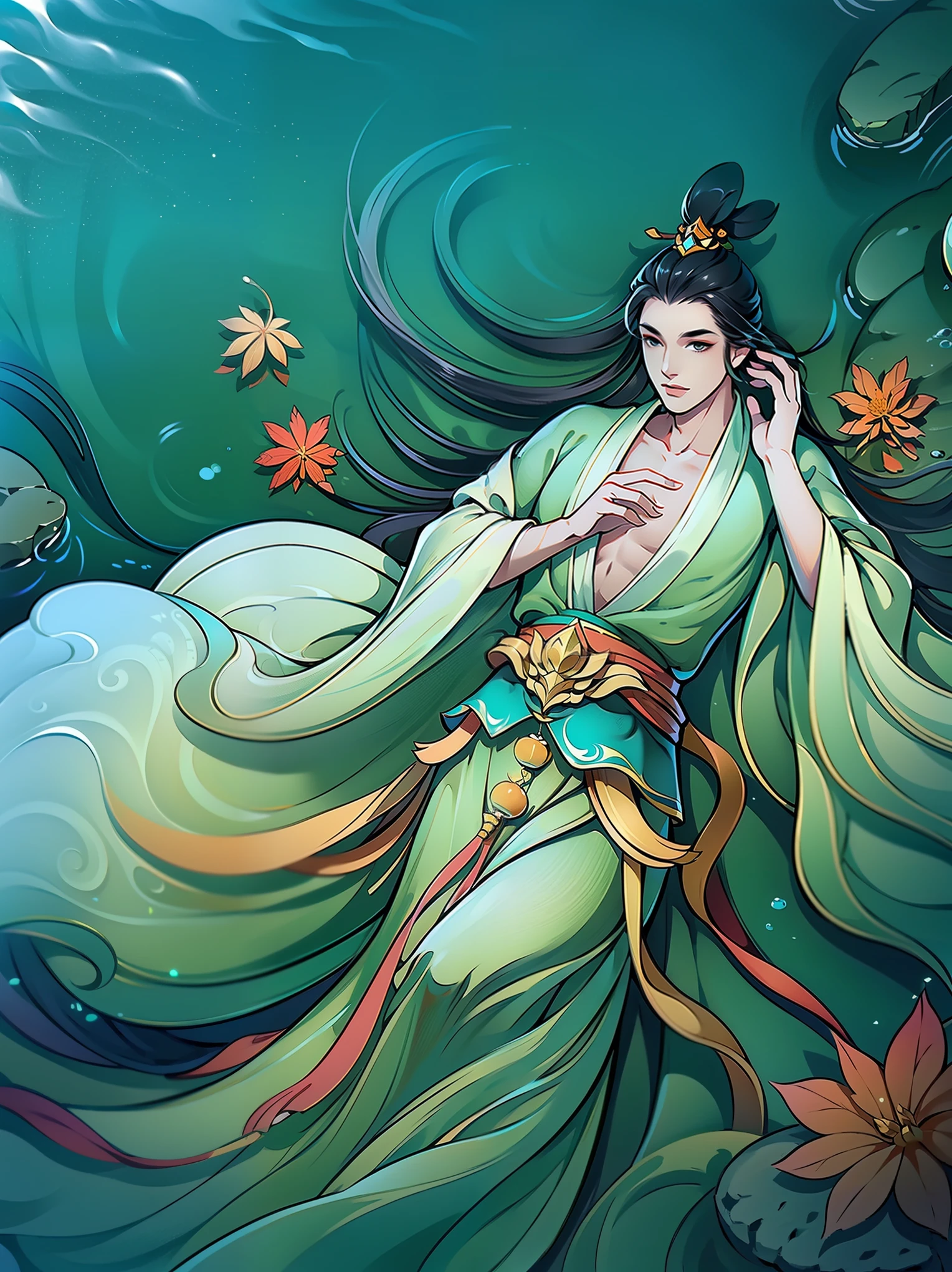（masterpiece，super detailed，HD details，highly detailed art）1 man lying in the water，alone，long hair，hot spring water，water vapor，Show chest，dead leaves，Clear water，hanfu，Ripples in the water，Highly detailed character designs from East Asia，Game character costume design，ultra high resolution, sharp focus, epic work, masterpiece, (Very detailed CG unified 8k wallpaper)