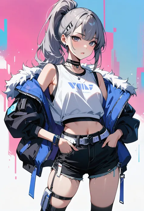 young girl, gray short hair, gray eyes, high ponytail, cyberpunk, white top, shorts, fur coat, masterpiece, high quality, silver...