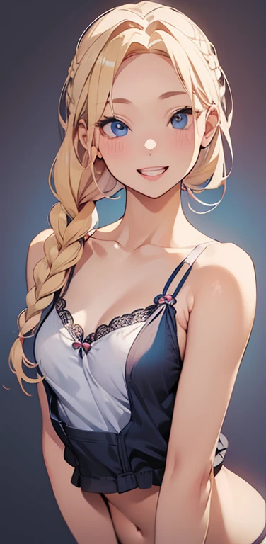 Realistic、1house wife、blonde hair、braid、blue eyes、(eye focus:1.3,face focus,upper body),(gradient eyes:1.3),(camisole　sexy　panties
)、(happy smile:1.3),single braid,cute face、teeth、point at viewer、(tareme:1.3),(small breasts:1.3),