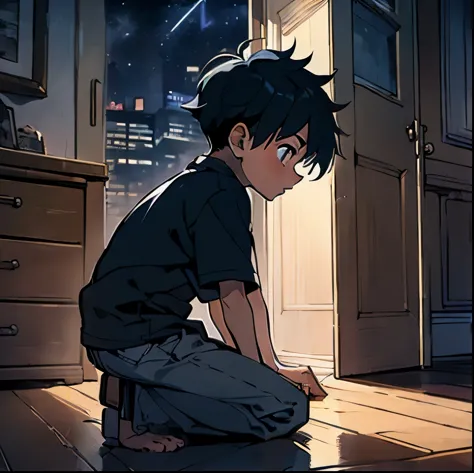 (((night time , dark room))),10 years old boy ,boy knocking the floor with his hand , kneeling on the floor