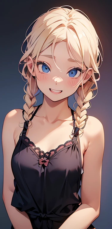 Realistic、1house wife、blonde hair、braid、blue eyes、(eye focus:1.3,face focus,upper body),(gradient eyes:1.3),(camisole　sexy　panties
)、(happy smile:1.3),(single braid),cute face、teeth、(tareme:1.3),(small breasts:1.3),