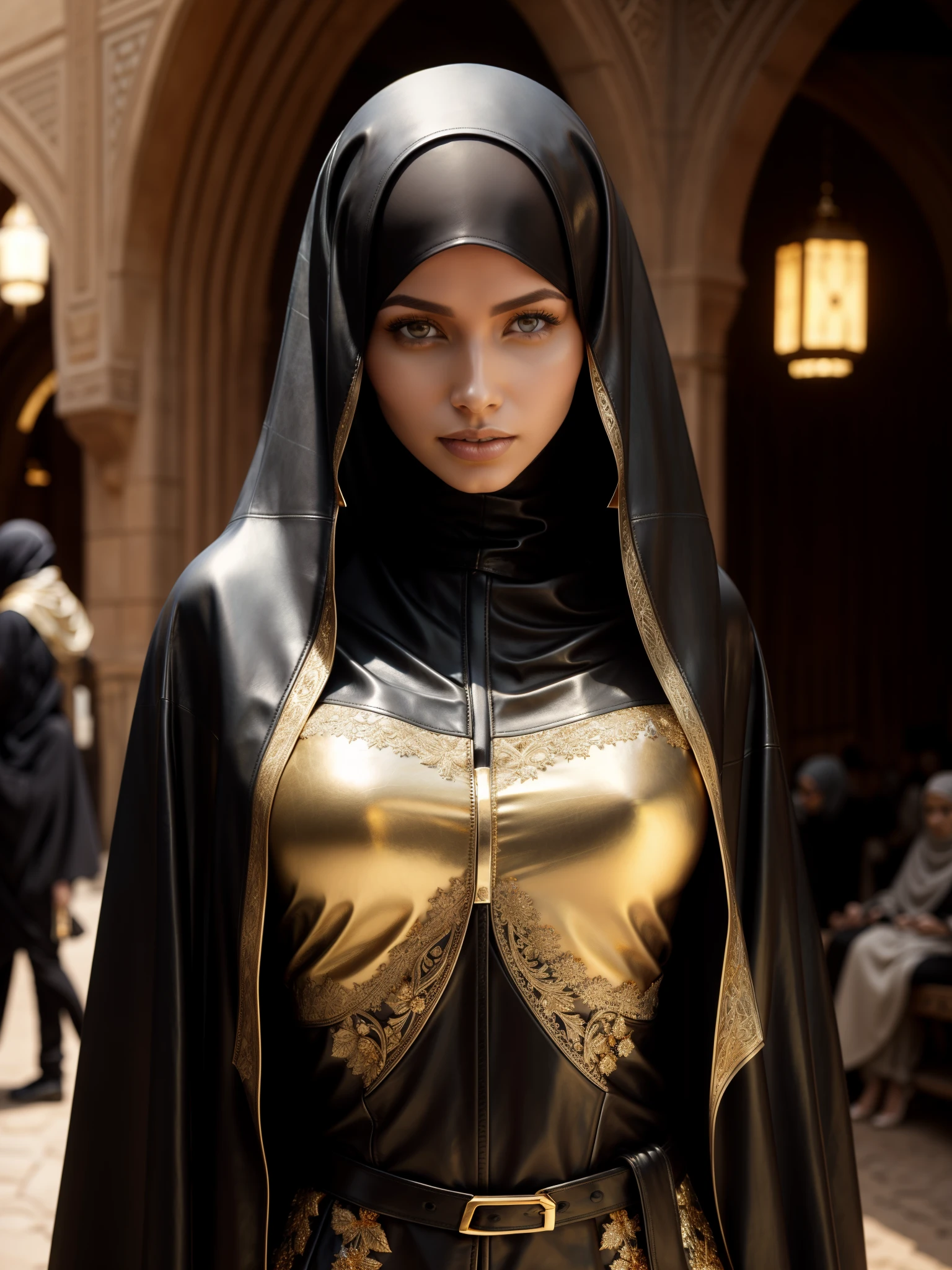 hinreißende Frau, Fachmann, (4k Foto) von (Jeremy Lipking:0.3), (Dittmann Anna:0.3), (Ariane Mark:0.3), (scharfer Fokus:1.3), (Schöne Frau:1.3), tragen (Leder-Hijab, Leder-Abaya mit aufwendigen Golddetails:1.2), Perfektes Make-up, auffällig, faszinierende Augen, Schönes, detailliertes Gesicht, stehend auf einem arabischen mittelalterlichen Marktplatz