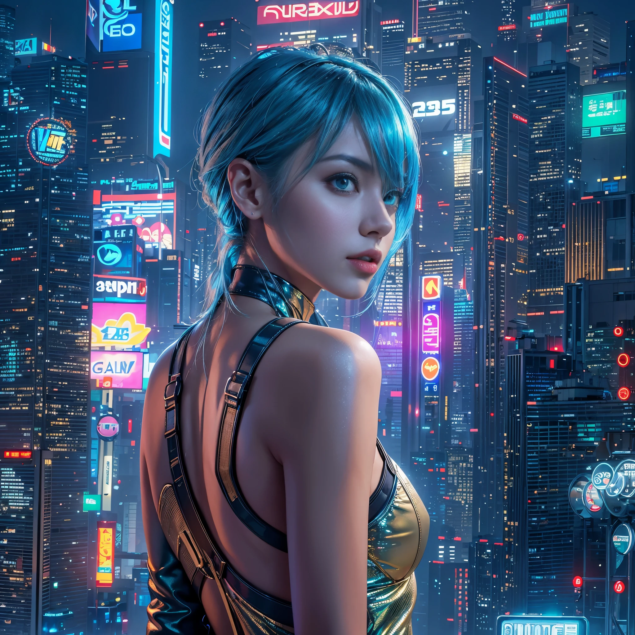 (8K, Best quality, Masterpiece: 1, 2), (Realistic, photograph realistic: 1,37), Top quality, Masterpiece, Skinny 1 girl Negona upper body photo (Photo realistic),A cyberpunk girl with green eyes and shiny blue hair stands against a backdrop of a futuristic cityscape. She wears a sleek, metallic blue bodysuit that shimmers under the neon lights. The city behind her is a blend of towering skyscrapers and neon signs, pulsating with vibrant colors