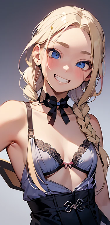 Realistic、1house wife、blonde hair、braid、blue eyes、(eye focus:1.3,face focus,upper body),(gradient eyes:1.3),(bra　sexy　panties
)、(grin:1.3),(single braid),cute face、teeth、(tareme:1.3),(small breasts:1.3),