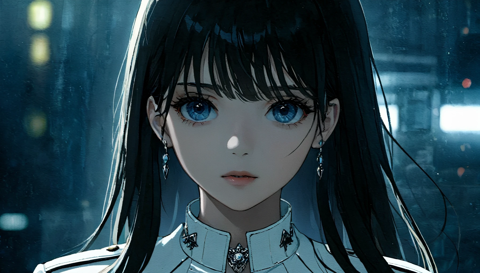 masterpiece, high resolution, screenshot, best quality, 1 girl, (There is a scar on the left eye), White cropped jacket, Very detailed, rule of thirds, jewelry, long hair, Bangs, hair between eyes