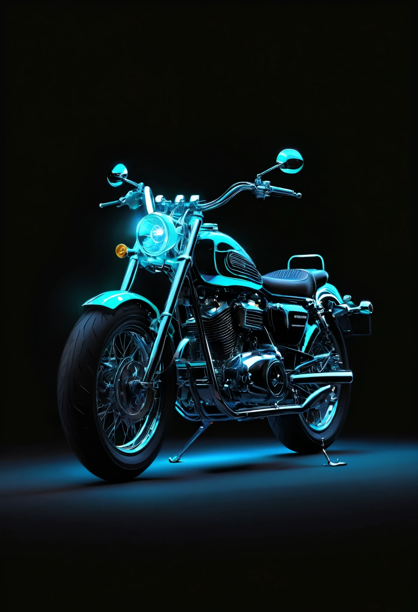 in style of Nick Veasey，motorcycle，Neon special effects，Glowing special effects，high definition，high resolution， dynamic perspective