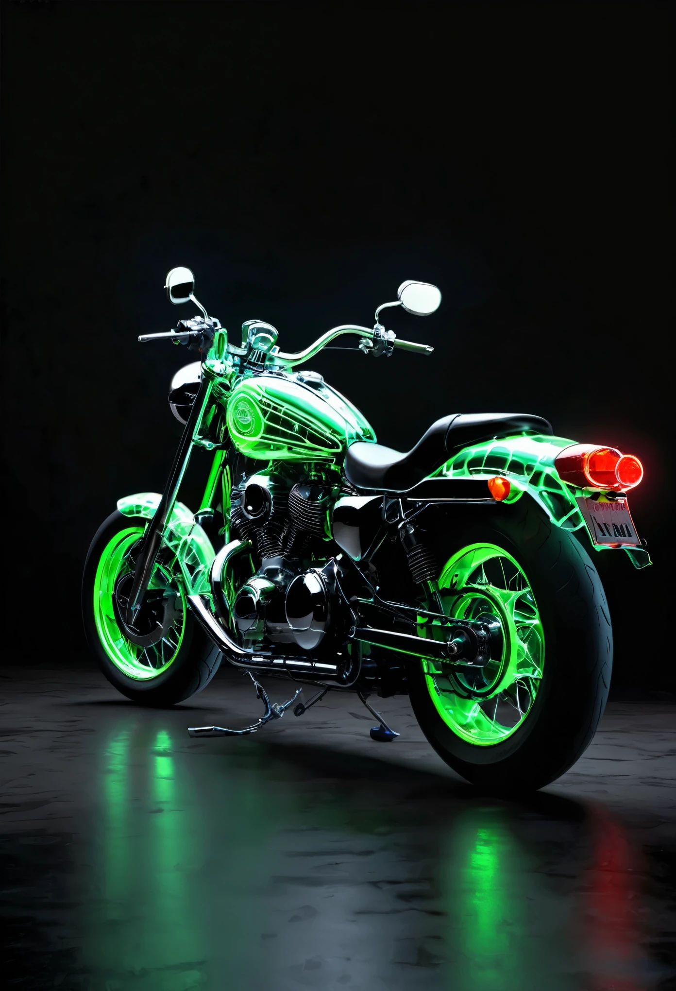 in style of Nick Veasey，motorcycle，Neon special effects，Glowing special effects，high definition，high resolution， dynamic perspective