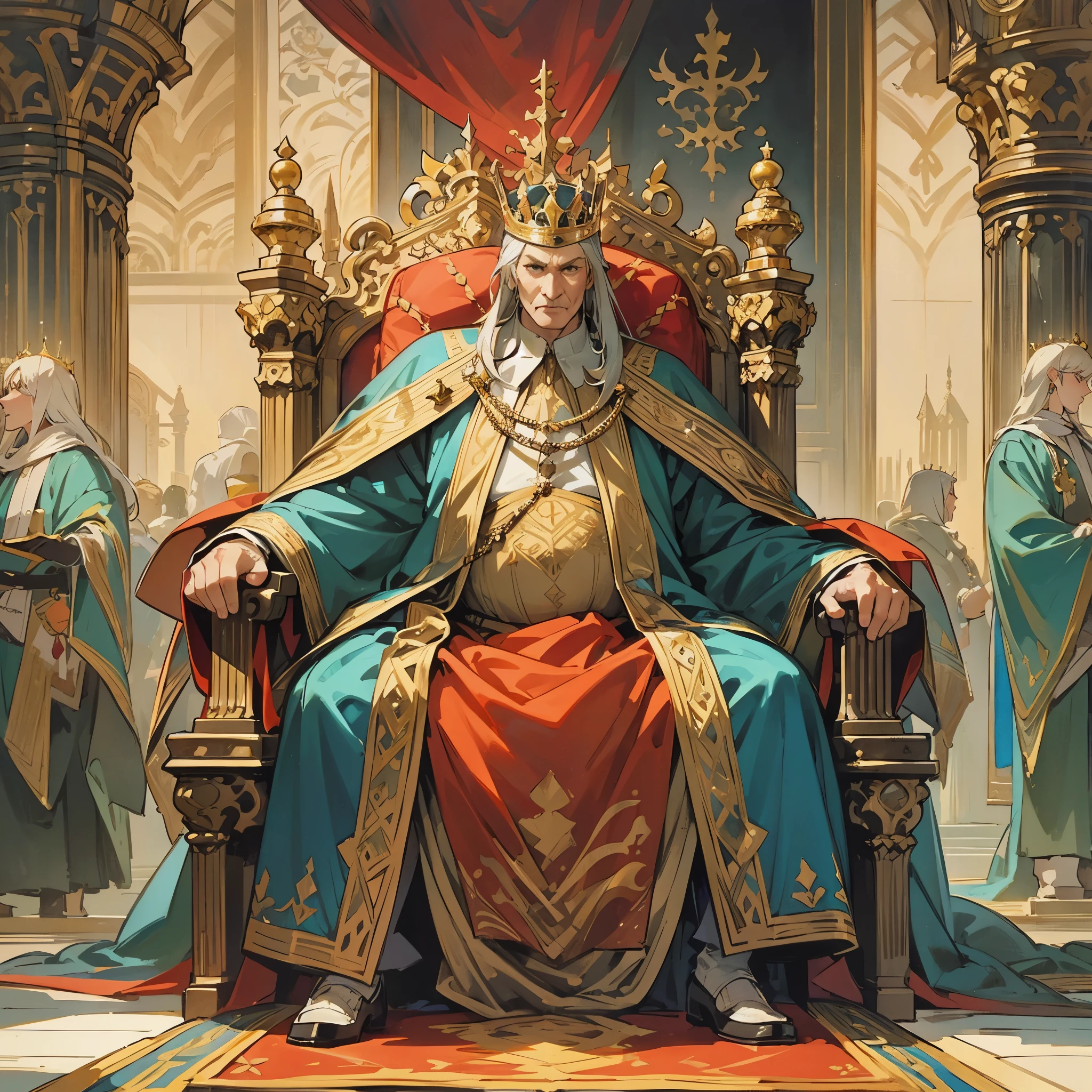 an older man，European medieval royal nobles，king，Wearing gorgeous satin clothes，wearing a crown，Slightly fat body，In the magnificent palace，sit on the throne，Looks very proud and serious。Medium shot composition，full body picture，characters and scenes，Game concept art style，Anime illustration style，watercolor style，Marker style，high-definition，4k。