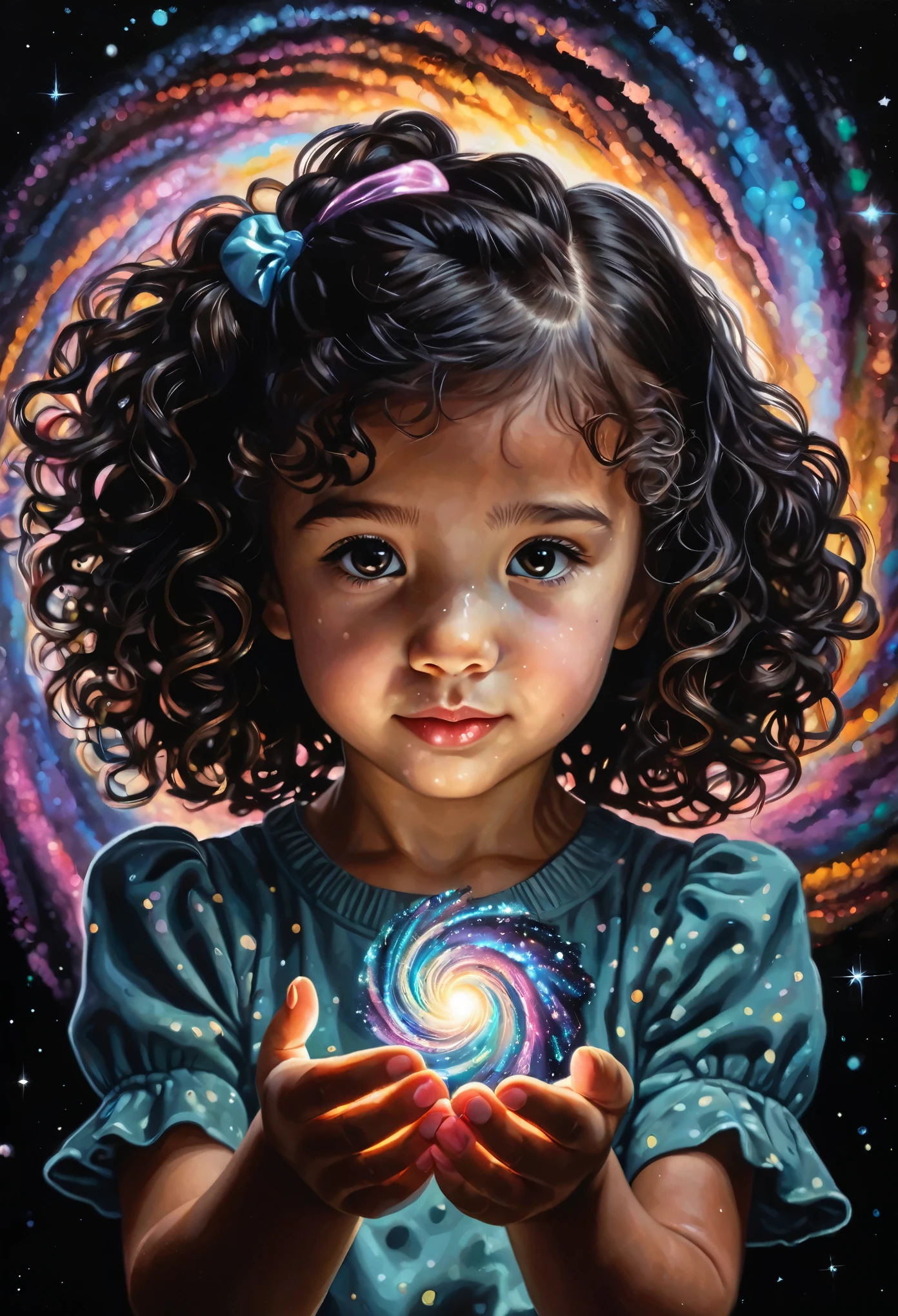 illustration，painting，acrylic painting，，Holding a bright spiral galaxy between hands，Glowing special effects，black background，Super fine，Super realistic，Real light and shadow contrast，Realistic ray tracing，True light falloff，True light reflection，anti-aesthetic style，Poodlepunk，Snapshot aesthetic style
