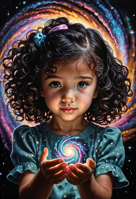illustration，painting，acrylic painting，little girl，Holding a bright spiral galaxy between hands，Glowing special effects，black ba...