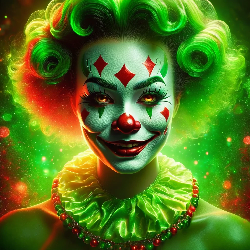 (best quality,4k,highres:1.2),ultra-detailed,realistic,abstract art,jade medallion,shining brightly,cheerful clown girl,medallion emits strong green light,vivid colors,sharp focus,physically-based rendering,ultra-fine painting,studio lighting