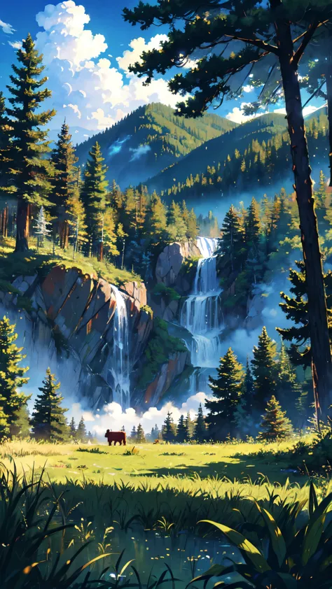 cow,
BREAK (masterpiece, best quality:1.2), outdoors, nature, forest, pines, grass, tall grass, detailed grass, plants, day, clo...