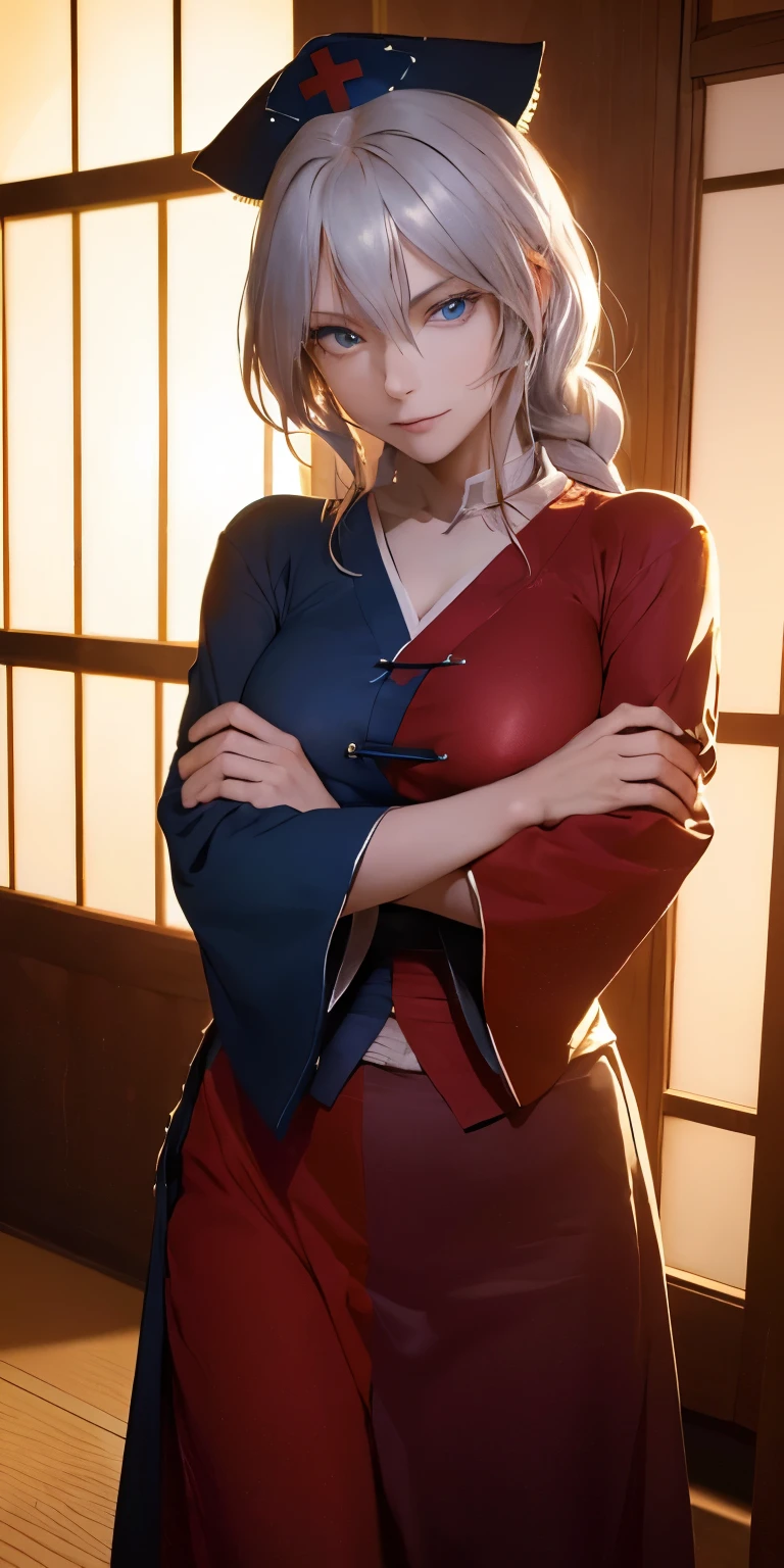 (masterpiece, best quality:1.3), (face focus:1.3), Yagokoro Eirin, Touhou Series, perfect face, expressive eyes, 1woman, looking at viewer, 38 years old, gorgeous body, big breast, beautiful, anime, lora,1woman, silver hair, braid hair, nurse cap, red and blue clothes, long skirt, (evil look, looking down on viewer:1.5), (crossed arms:1.5), (cinematic lighting, realistic, dream-like, enchanting atmosphere:1.5), (photo of a woman in her dark and mysterious environment:1.3), (the woman surrounded by an aura of mystery and intrigue:1.3), (a japanese-style hallway and fusuma doors extend all the way to the back:1.3), (candles flickering, casting dancing shadows around the room:1.3), (the dim lighting adding to the ambiance of secrecy and mysticism:1.3), (a crystal ball nearby, adding to the mystical setting:1.3), (symbols of astrology and esoteric knowledge decorating the room:1.3), (a hint of incense in the air, adding to the sensory experience:1.3), 