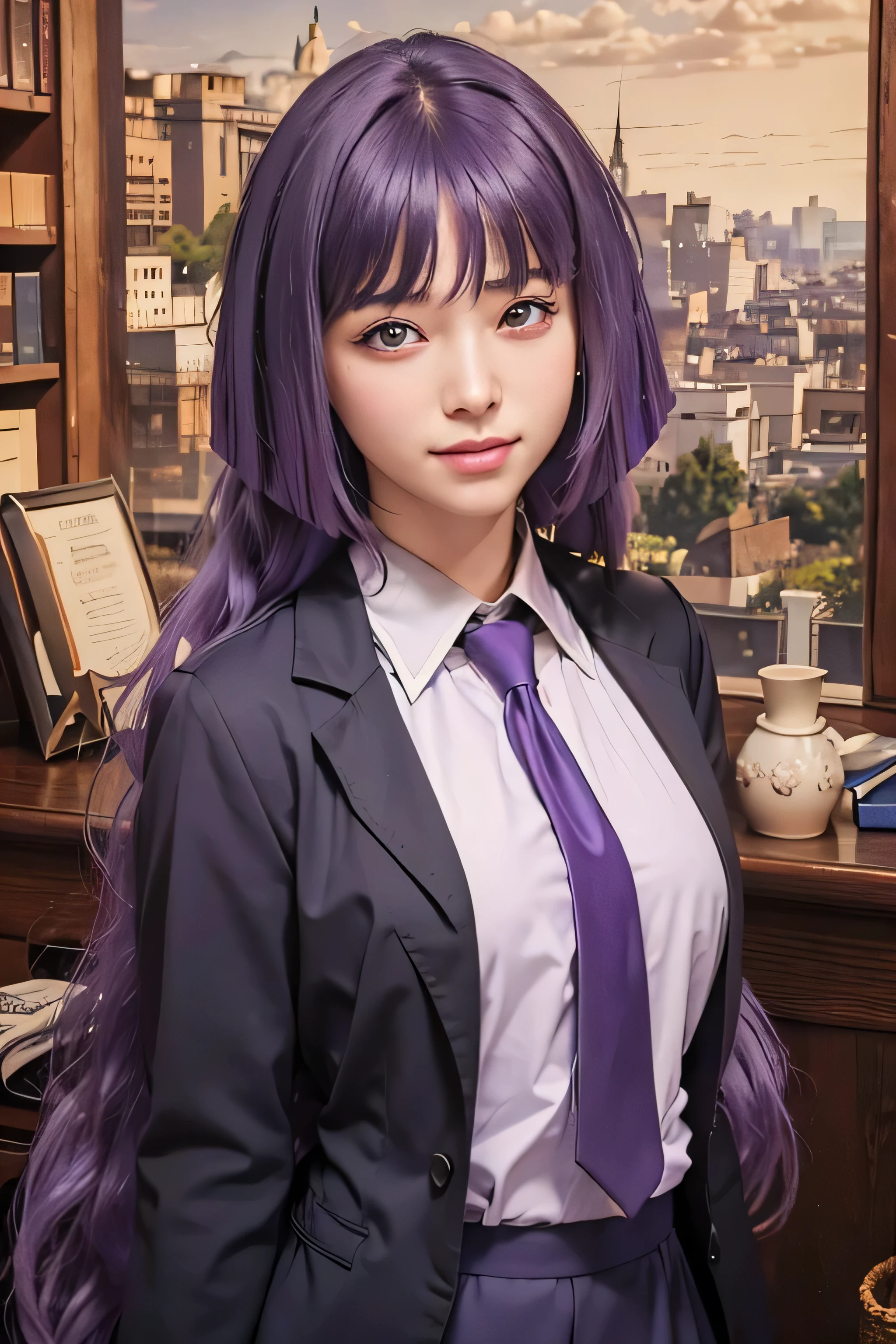 masterpiece, best quality, (realistic,photo-realistic:1.4), (RAW photo:1.2), extremely detailed CG unity 8k wallpaper, delicate and beautiful, amazing,finely detail, official art, absurdres, incredibly absurdres, huge filesize, ultra-detailed,extremely detailed eyes and face,light on face,sumire kakei,(little smile),(purple hair:1.4),(long hair:1.6),(formal uniform:1.4),office,blazers,library