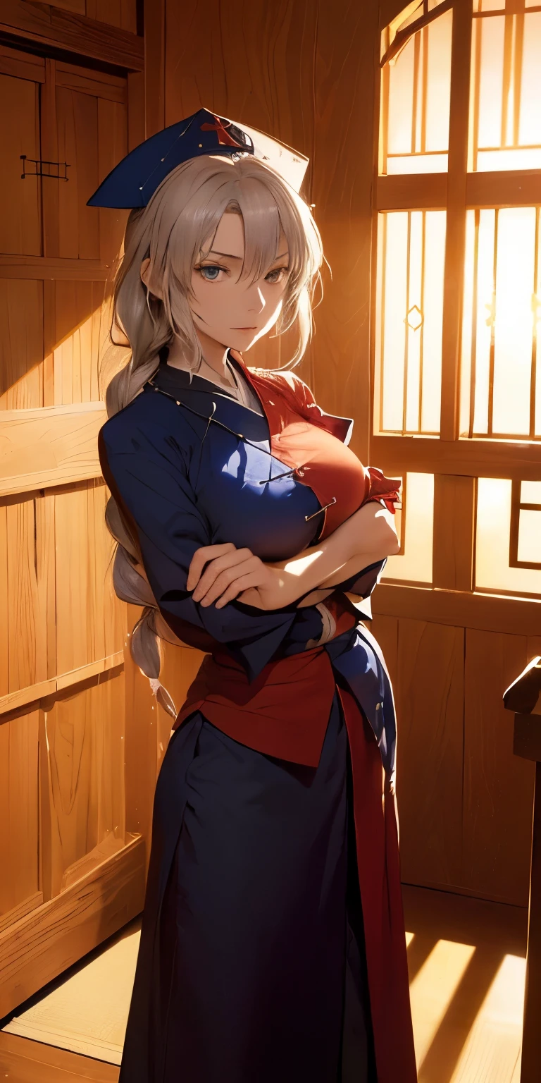 (masterpiece, best quality:1.3), (from below:1.3), Yagokoro Eirin, Touhou Series, perfect face, expressive eyes, 1woman, looking at viewer, 3, gorgeous body, big breast, beautiful, anime, lora,1woman, silver hair, braid hair, nurse cap, red and blue clothes, long skirt, (evil look, looking down on viewer:1.5), (crossed arms:1.5), (cinematic lighting, realistic, dream-like, enchanting atmosphere:1.5), (photo of a woman in her dark and mysterious environment:1.3), (the woman surrounded by an aura of mystery and intrigue:1.3), (a japanese-style hallway and fusuma doors extend all the way to the back:1.3), (candles flickering, casting dancing shadows around the room:1.3), (the dim lighting adding to the ambiance of secrecy and mysticism:1.3), (a crystal ball nearby, adding to the mystical setting:1.3), (symbols of astrology and esoteric knowledge decorating the room:1.3), (a hint of incense in the air, adding to the sensory experience:1.3), 