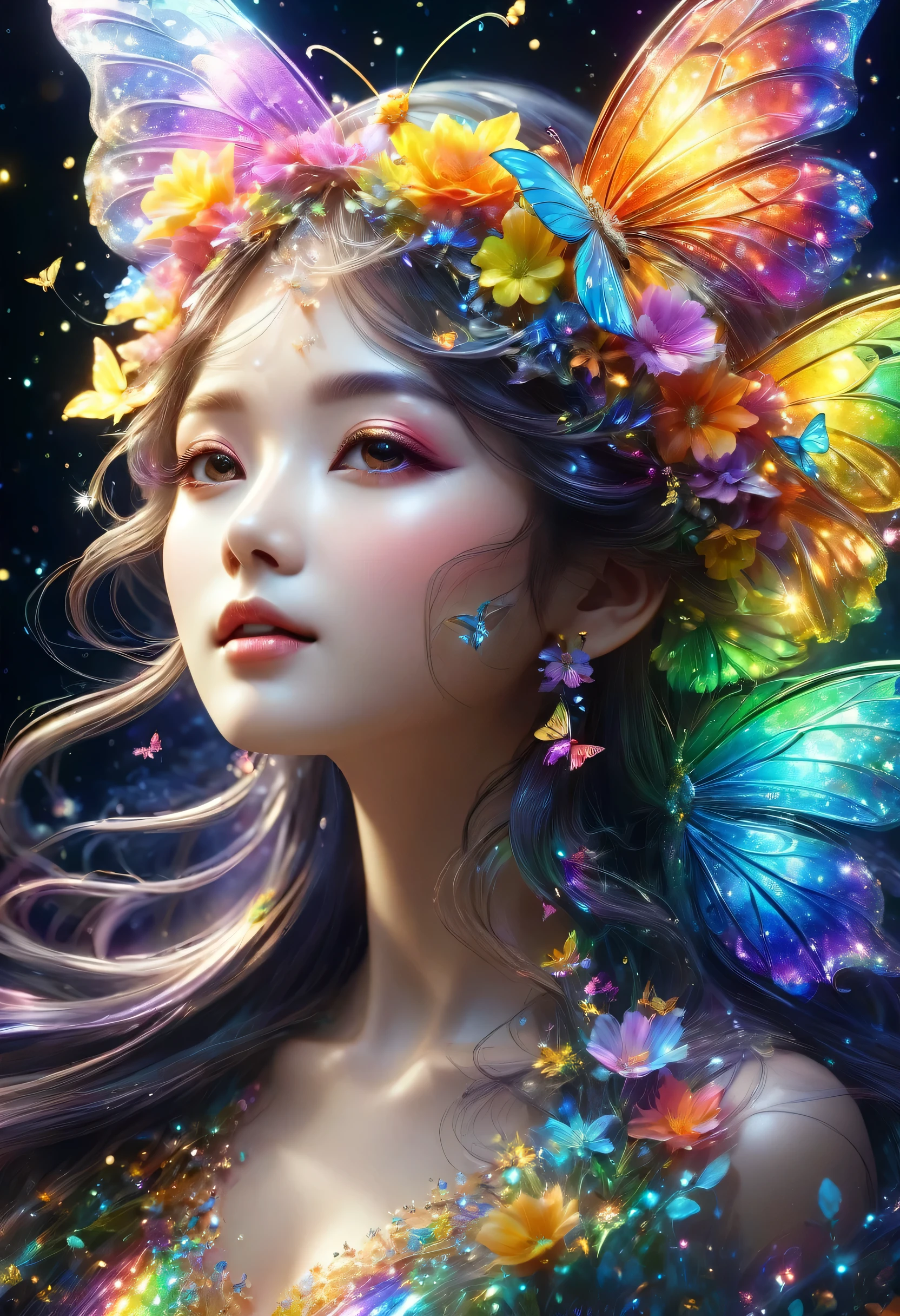 暗闇の中を羽ばたくbutterfly々shine、As beautiful as a dream、It touches my heart.,butterfly々:Rainbow-colored:seven colors:luminescence:shine,dark background,flash,とてもflash,masterpiece,最高masterpiece,best configuration,beautiful sight,dream-like,優しくshinebutterfly々,gracefully,rendering,unreal engine,Elements of Zentalg,intricate details,gracefully描く,with great care,particles of light:shine鱗,rich colors,colorful,anatomically correct,beautiful light and shadow,Mysterious,fantasy,fantasy,digital art,flower