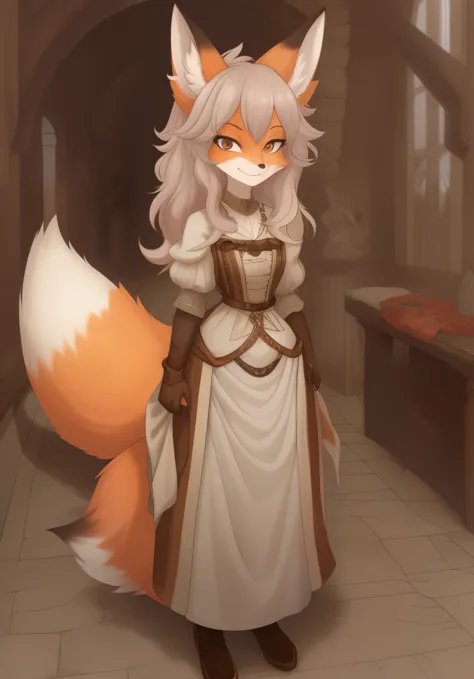 Best quality, Super detailed illustration, (fox girl:1.4), High, stately, fluffy fur, disheveled thick hair, bandit clothing in ...