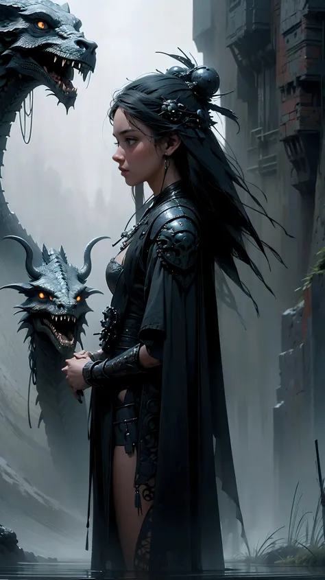 beautiful warrior girl with dragon, best quality, masterpiece, super high resolution, (realism: 1.4) dark colors, gloomy, grim, ...