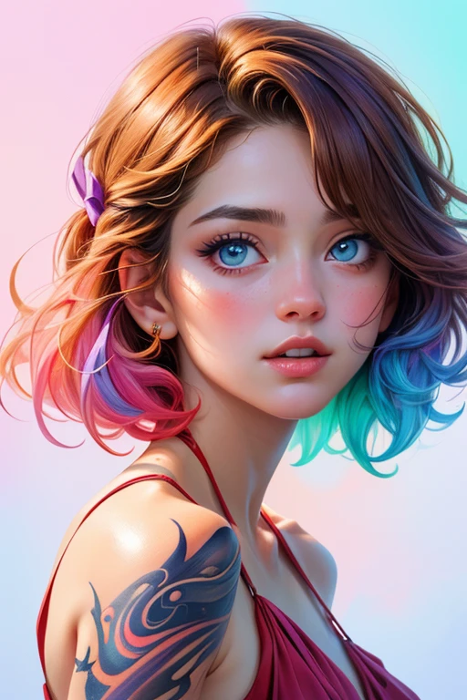 (8k, best quality, masterpiece:1.2),(best quality:1.0), (ultra highres:1.0), watercolor, a beautiful woman, shoulder, hair ribbons, by agnes cecile, half body portrait, extremely luminous bright design, pastel colors, (ink:1.3), autumn lights