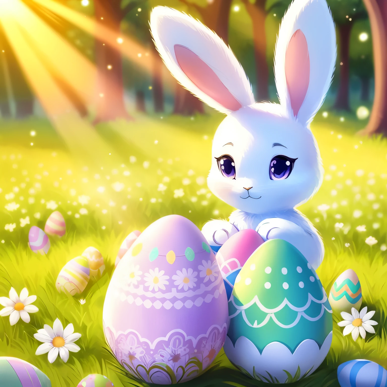 There is a bunny sitting next to a bunch of easter eggs - SeaArt AI