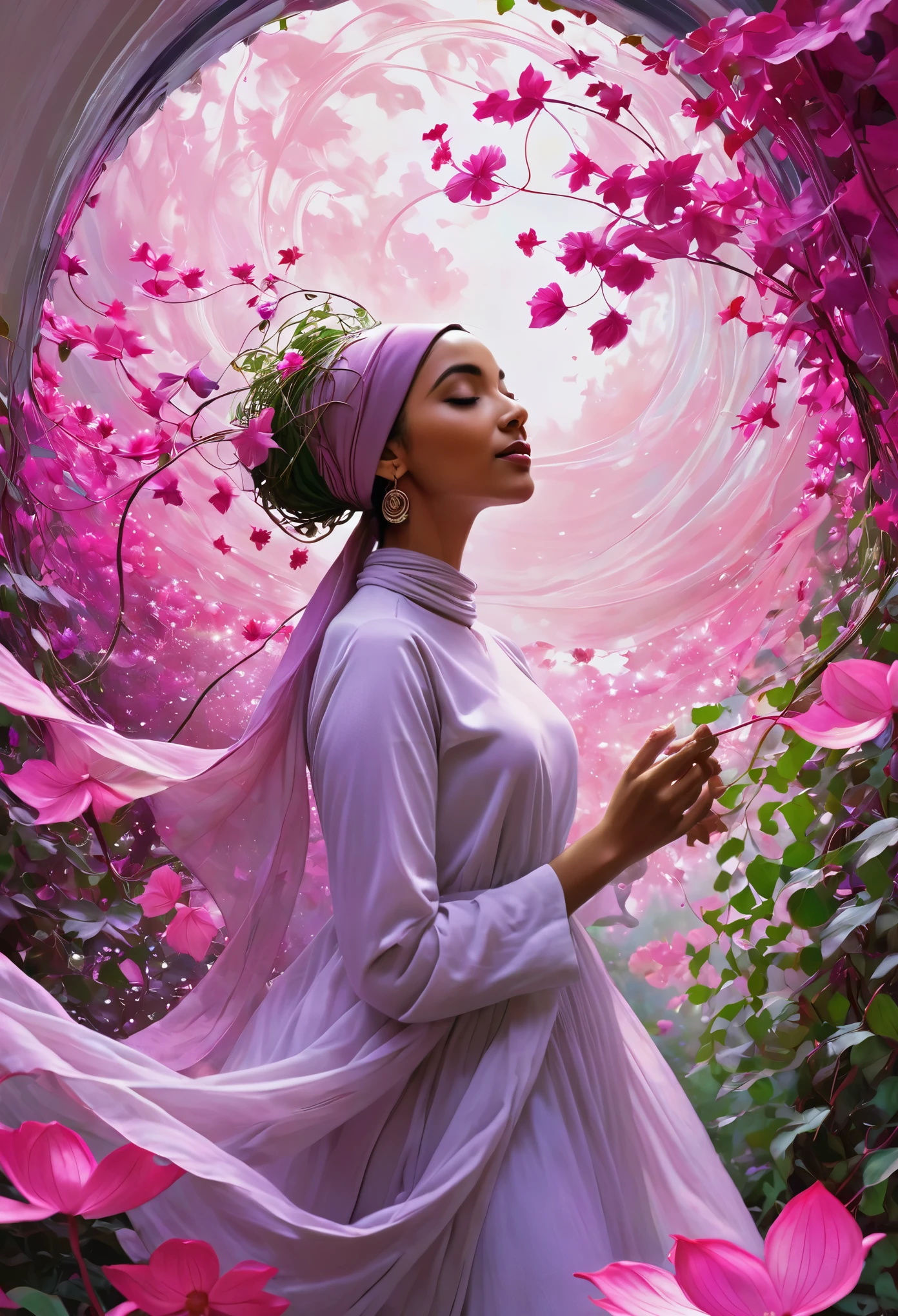 schöner Hijab Ein fesselndes digitales Gemälde, inspiriert vom unverkennbaren Stil von Norman Rockwell, mit einer heiteren jungen Frau, die inmitten eines wirbelnden Tanzes aus rosa und lila Blüten, Blättern und Ranken steht. Sie ist umgeben von einem pflanzlichen Wesen, mit ineinander verschlungenen Wurzeln und Blüten, ein Gefühl von Tiefe und Bewegung erzeugen. Die Frau strahlt Entschlossenheit und Ruhe aus, als wäre sie vollkommen im Einklang mit dem natürlichen Rhythmus des Universums. Das Gesamtambiente des 