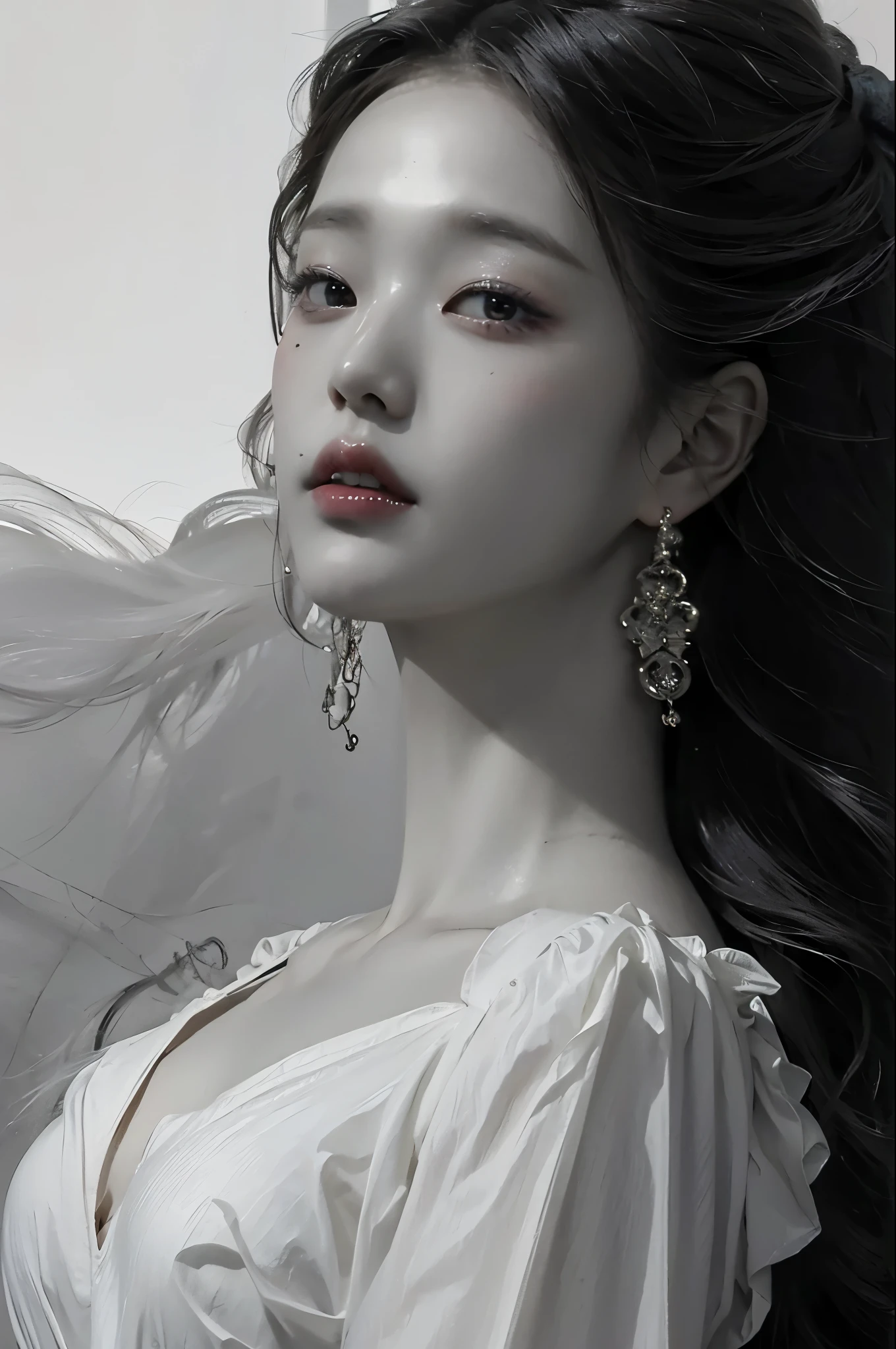 A close-up of a woman with long black hair, Wonyoung de IVE, Portrait of Wonyoung from IVE, Wonyoung de IVE, Jang Wonyoung de IVE, South Korean popular makeup, Wonyoung de IVE, Retrato Wonyoung IVE, Pastel pink skin tone, Wonyoung de IVE, popular korean makeup