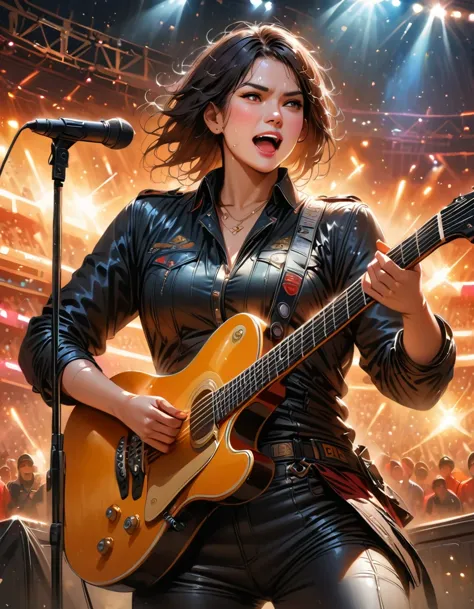(best quality,4K,8K,high resolution,masterpiece:1.2),Super detailed,(actual,photoactual,photo-actual:1.37),rock star,singer,Guitar,Uniform,Black,tight,golden accents,spacewalk,hysterical singing,Stage lighting,rebellious,glitch art,bright colors,Energetic ...