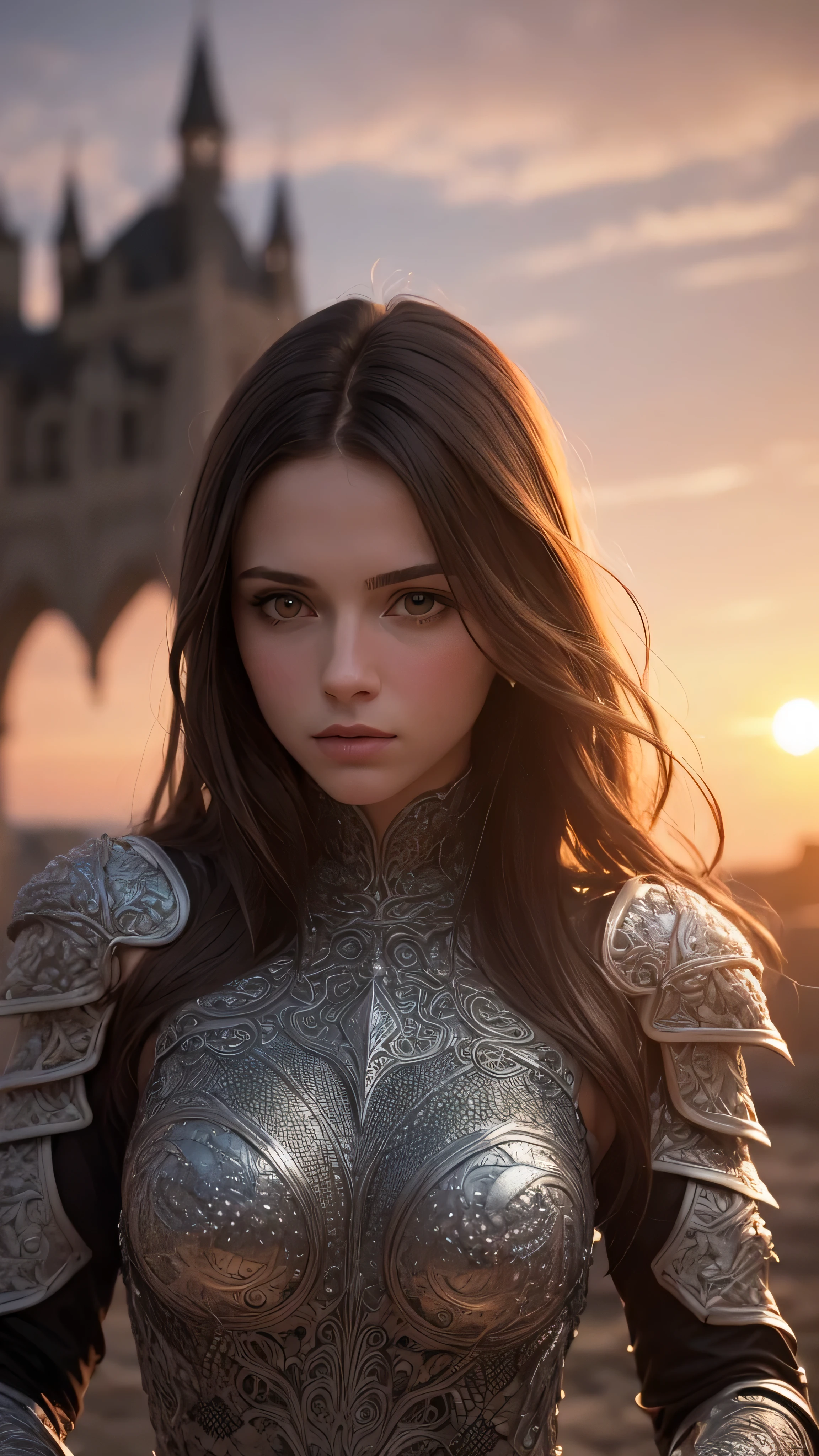 (masterpiece), (extremely intricate:1.3), (realistic), portrait of a girl, the most beautiful in the world, (medieval armor), metal reflections, upper body, outdoors, intense sunlight, far away castle, professional photograph of a stunning woman detailed, sharp focus, dramatic, award winning, cinematic lighting, , volumetrics dtx, (film grain, blurry background, blurry foreground, bokeh, depth of field, sunset,interaction, Perfectchainmail