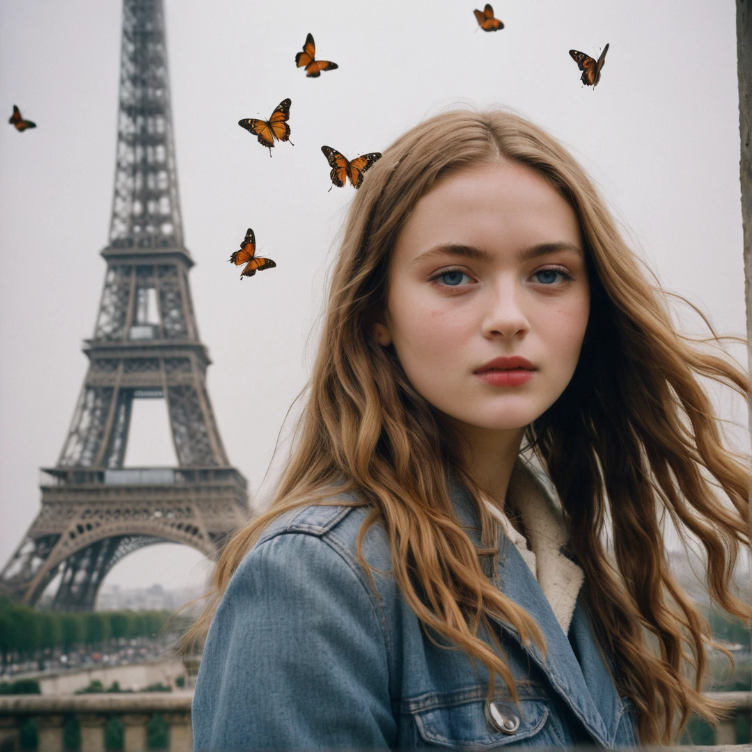 close-up headshot of ((ohwx woman)), ,a girl standing alone, by the paris around effel tower, dark night, film grain, analog film style, vivid color, 1girl,  upper body,
(looking at  the viewer:1.2),
long hair, blond, plaid skirt, best quality, high quality, (realistic), (absurdres:1.2), UHD, ultrarealistic, noise,
soft skin,  (flying butterflies:1.2),
long messy hair,
film grain, depth of field, analog film style,
editorial photo,  woman, wide hips,
(best quality:1.2), absurdres, BLOOM, fog,
shot on Fujifilm Superia 400, Short Light,  32k, cinematic composition, professional color grading, film grain, atmosphere, wondrous, very sunny,
motion blur,