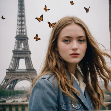 close-up headshot of ((ohwx woman)), ,a girl standing alone, by the paris around effel tower, dark night, film grain, analog fil...