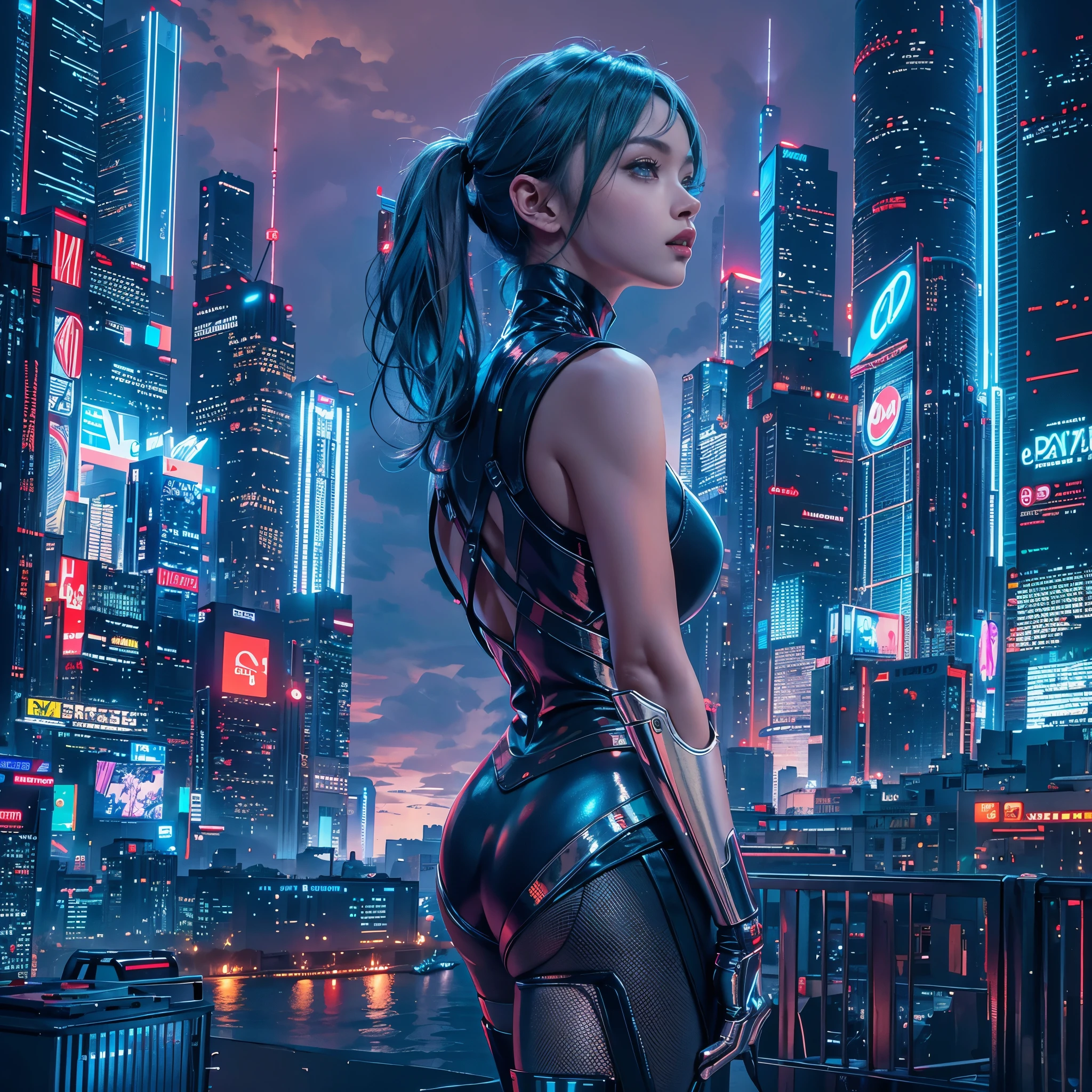 (8K, Best quality, Masterpiece: 1, 2), (Realistic, photograph realistic: 1,37), Top quality, Masterpiece, Skinny 1 girl Negona upper body photo (Photo realistic),A cyberpunk girl with green eyes and shiny blue hair stands against a backdrop of a futuristic cityscape. She wears a sleek, metallic blue bodysuit that shimmers under the neon lights. The city behind her is a blend of towering skyscrapers and neon signs, pulsating with vibrant colors