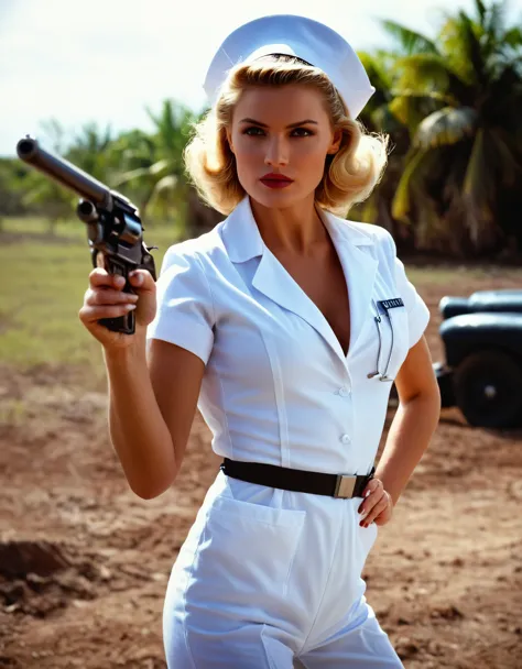 cinematic film still of  In the 1980's In Miami a woman in a white nurse uniform bodysuit holding a ww2 gun,1girl,solo,breasts,b...