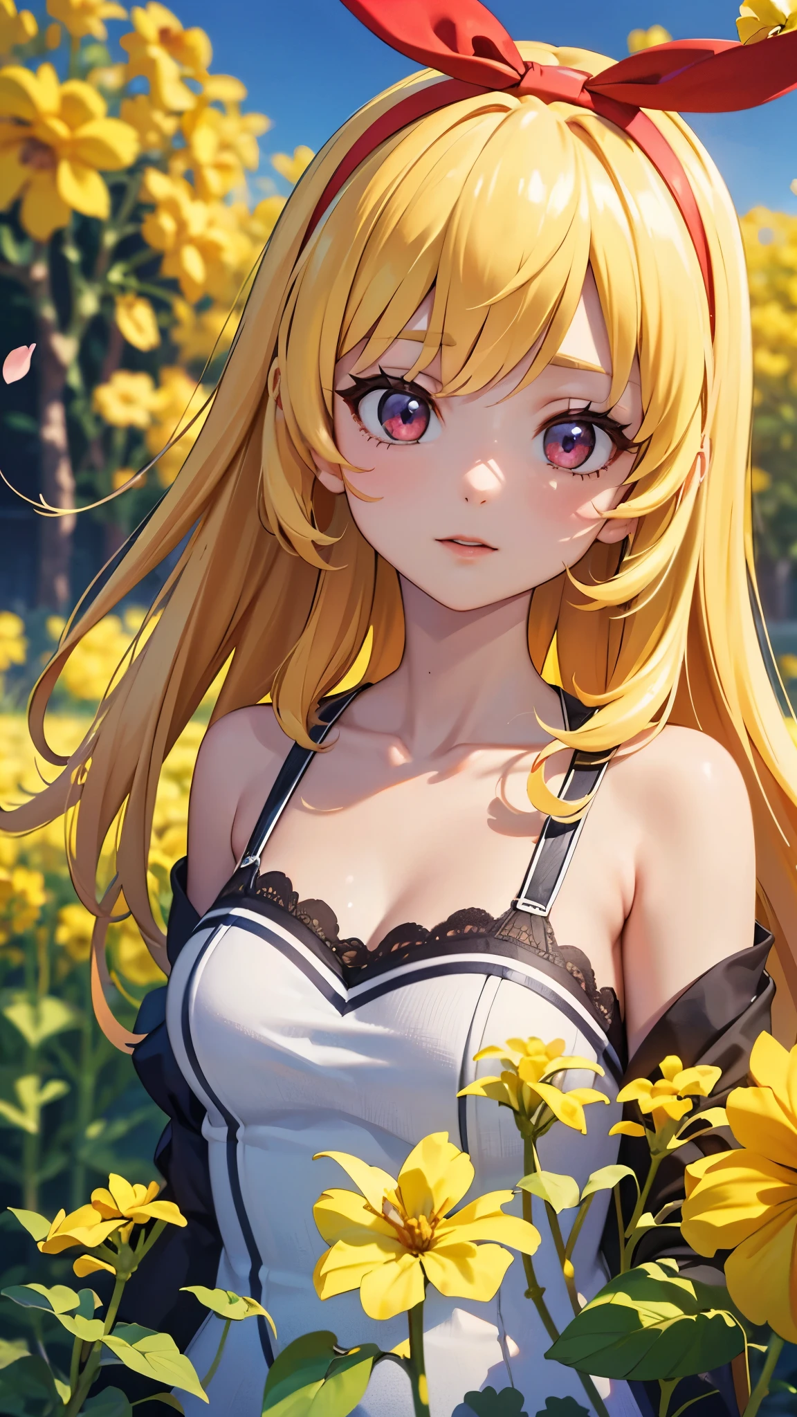 (RED Ribbon on HAIRband:1.2),Blonde HAIR,(masterpiece, best quality, highly detailed, ultra detailed, high resolution, absurdres, 4K, 8K:1.2), (official art, incredibly fine illustration, extremely detailed CG, detailed background, cinematic lighting, dynamic angle, perfect hands, detailed shiny skin, detailed hair, detailed eyes)(extremely awesome detailed pretty  face,beauty face)(extremely detailed)(Three-dimensional depiction)
BREAK, ((canola flowers, cherry blossoms)){(large grounds, canola flowers, cherry blossoms in full bloom, beautiful woman wearing a one-piece dress)},8k, high resolution, absurd, employed, delicately composed, detailed, exquisitely detailed, bold composition, cinematic angles, dynamic angles, top quality, masterpiece,