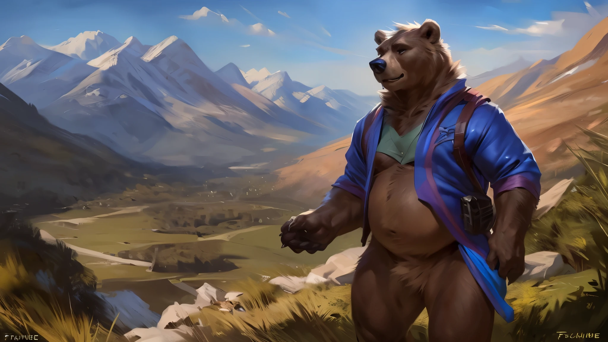 (by Taran Fiddler), (by chunie), (by darkgem), (An anthropomorphic bear hikes through a mountain pass in a lush countryside.), bottomless, wide hips, belly, chubby, short legs, big paws, male, hiking gear, traveler, solo, older male, glasses, old, elderly