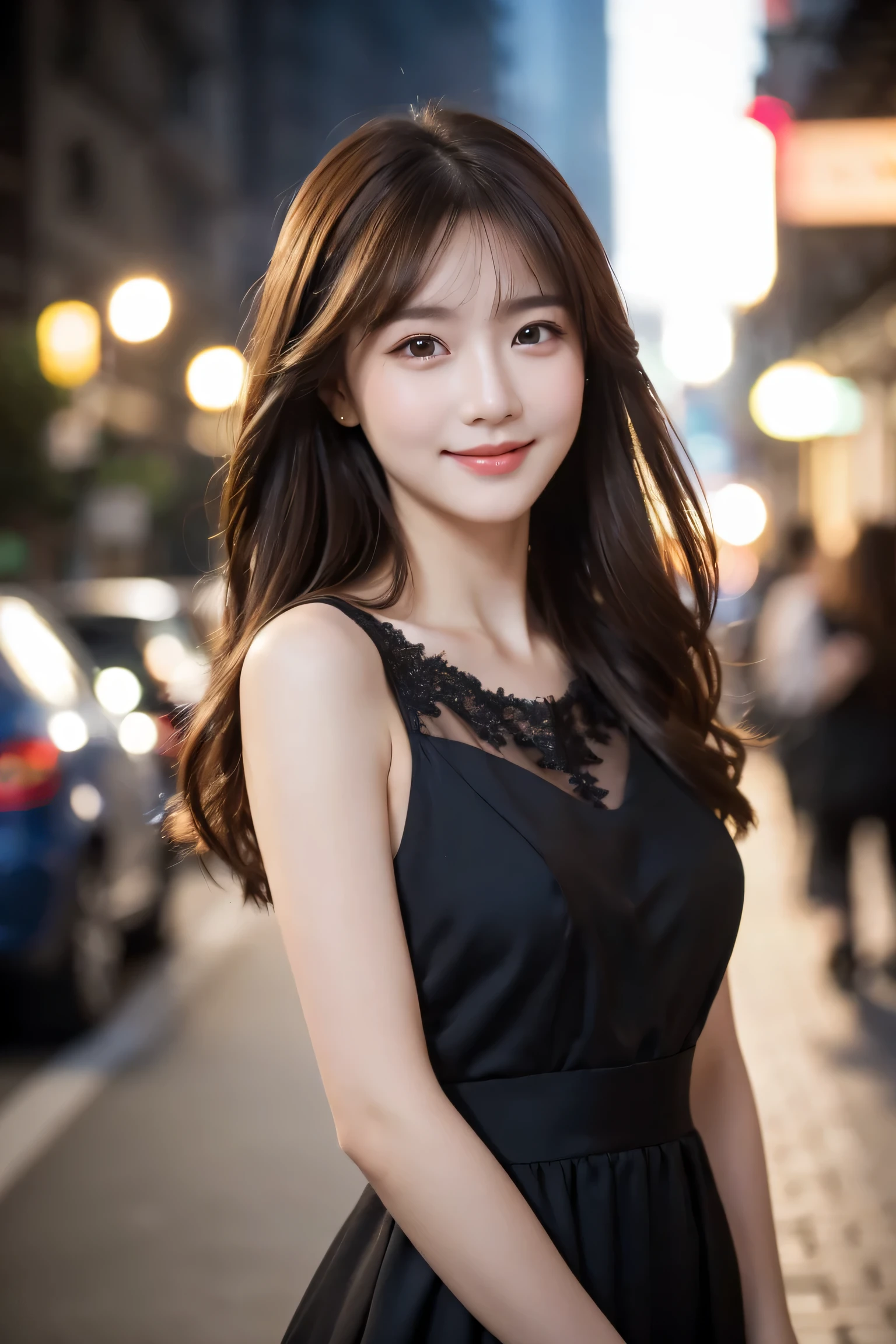 ((best quality, 8k, masterpiece :1.3)), 1 girl, smiling, whole body, face slimming, pretty Woman, (Dark brown hair), full length dress :1.1, Super detailed faces, delicate eyes, double eyelids, blurred background, face slimming, City, external, street,